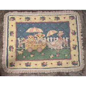 VTG Teddy Bear Family Baby Quilt Eyelet Trim Ruffles Goose Duck Farm Shower Gift